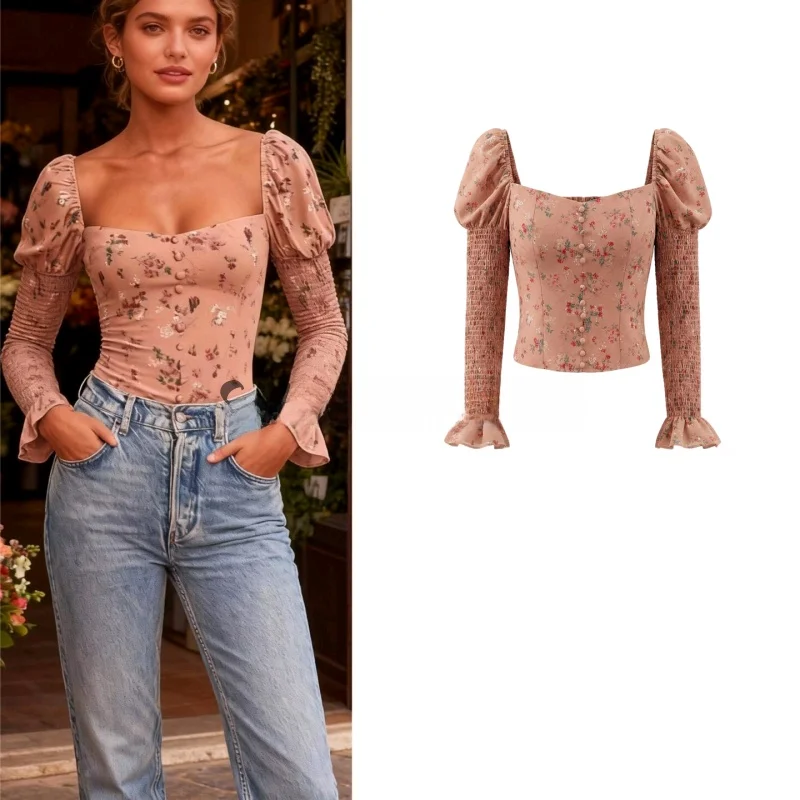 

Spring New Women's Gentle Floral Print Square Collar Bubble Sve Slim Fit ort irt French Sle Polyester Fiber Skin-fri...