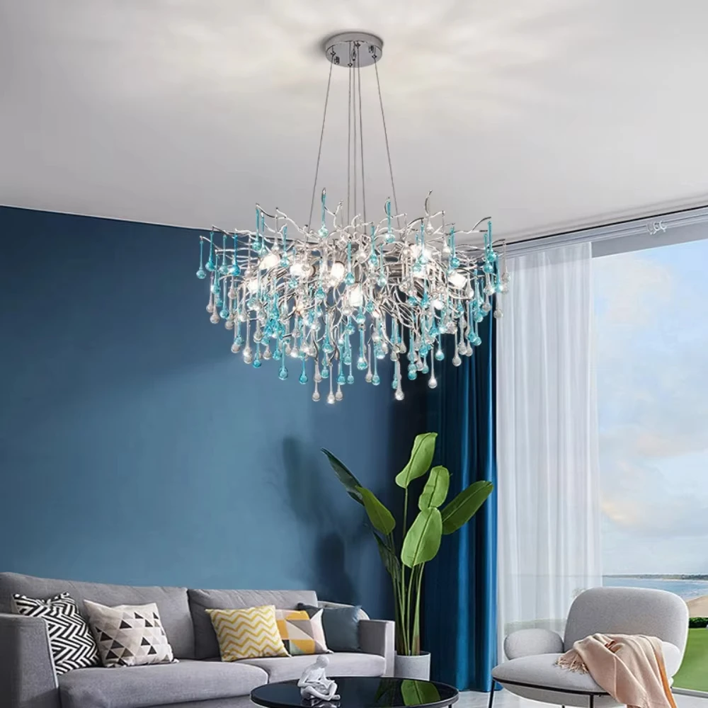 

Light luxury LED blue handcrafted glass chandelier Nordic living room bedroom dining room dining table villa chandelier Fixture