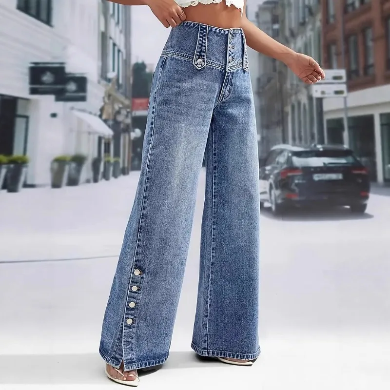 2026 Side Button Split Hem Washed Jeans Women's Distressed Denim Wide-leg Pants Spring Summer Streetwear Casual Jeans Trousers