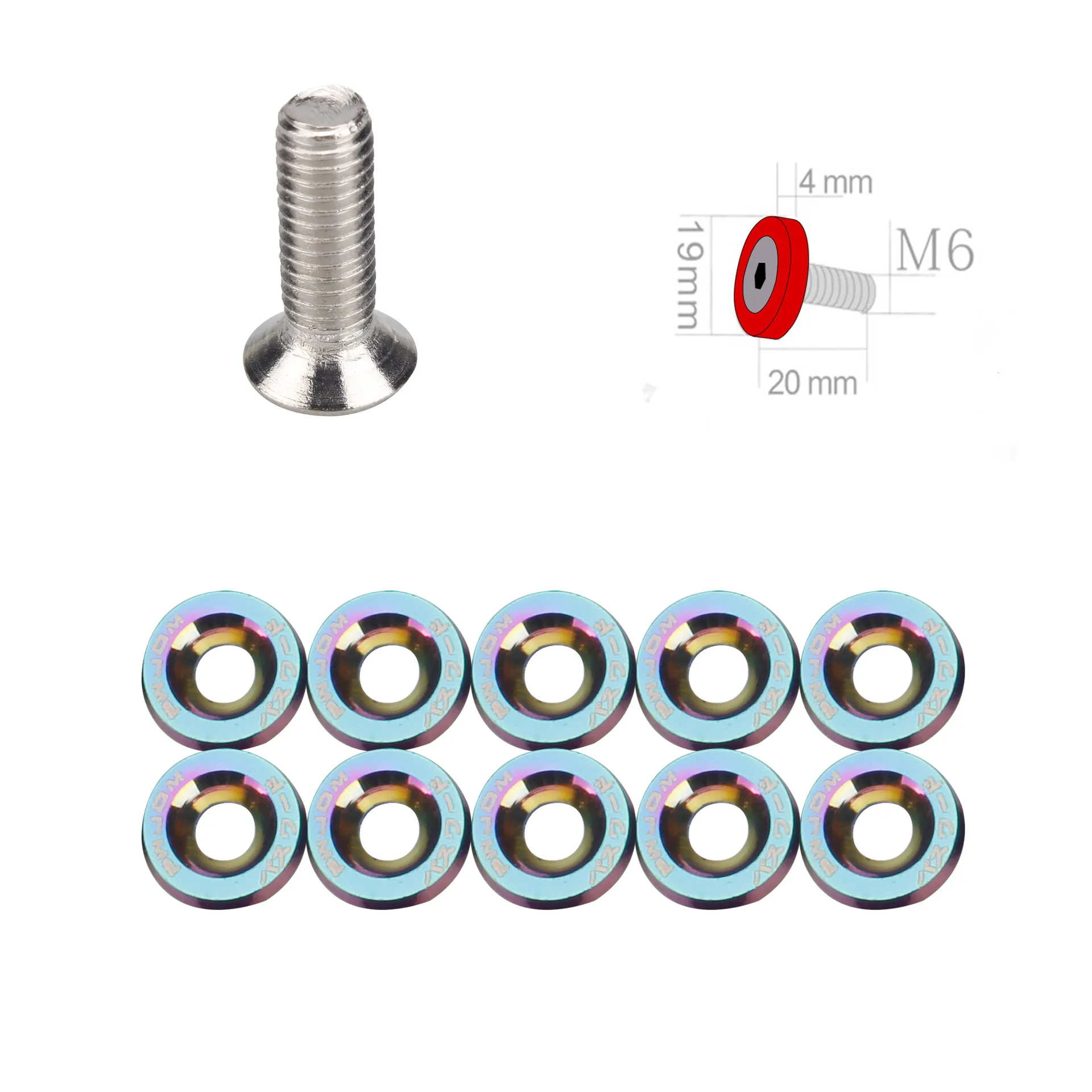 10 pcs Aluminum Car Fender Bumper Engine Washer Bolts JDM M6x20mm Modified Hex Fasteners Concave Screws Universal