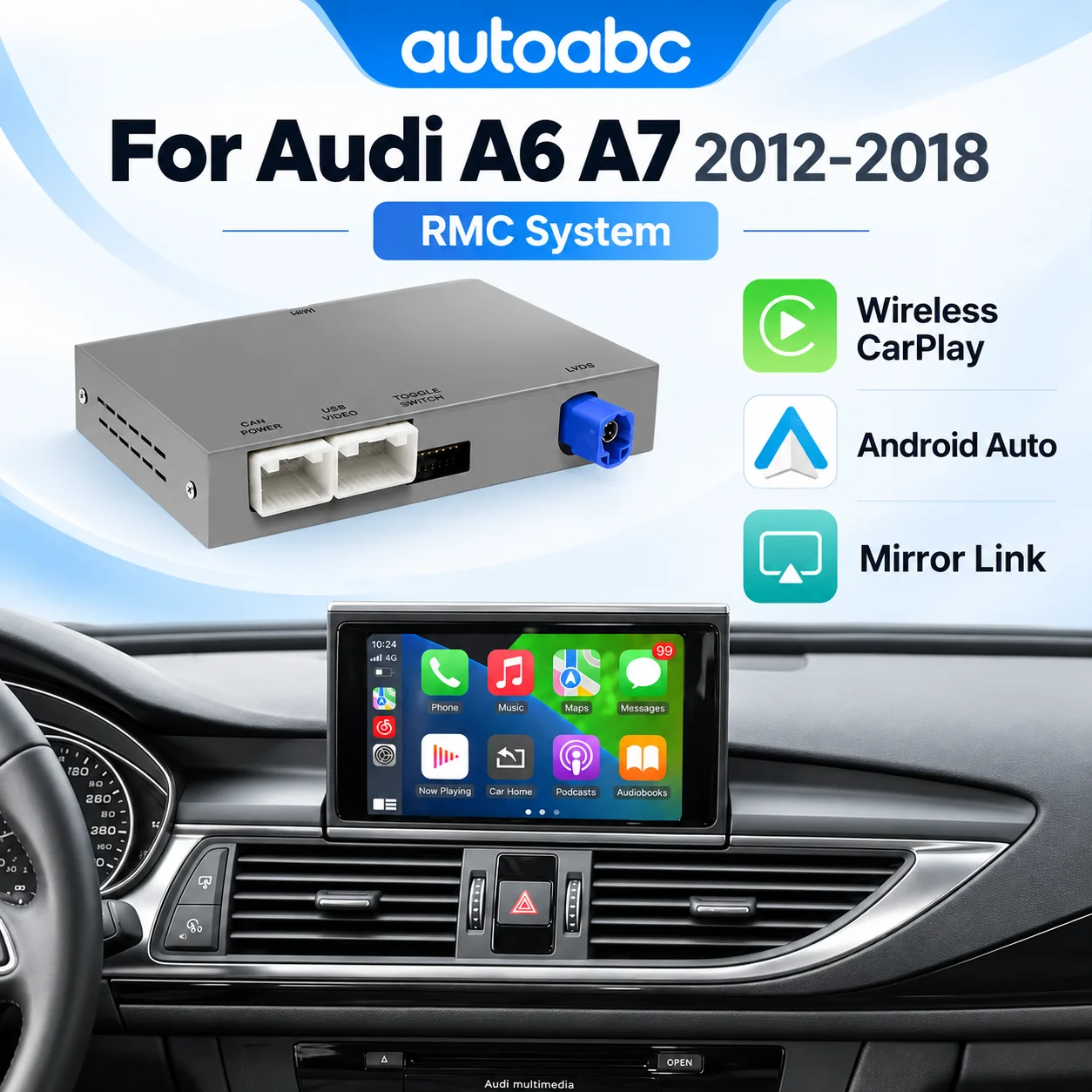 Adapter interfejsu Android Auto Wireless CarPlay do Audi A6 C6 A7 C7 z systemem RMC 2012-2018, Mirror Link, AirPlay, Bluetooth, Nawigacja GPS