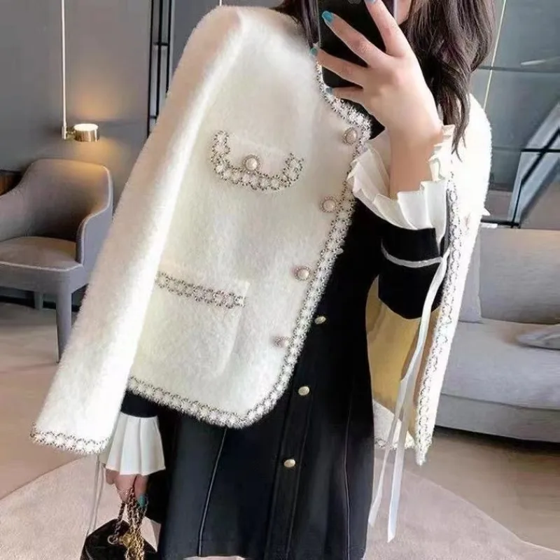

Autumn Winter Elegant Mink-like Fabric Knitted Cardigan French Chic Style Solid Color Button Sweater Jacket with Pockets