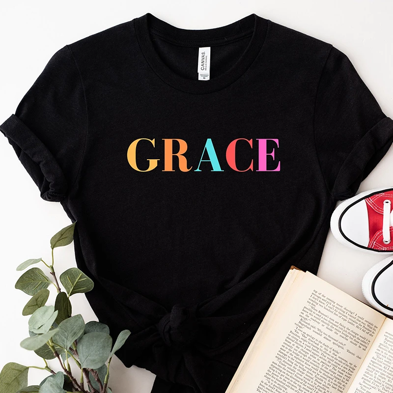 

Футболка женская с надписью Grace, хлопковая черная рубашка с принтом в стиле ретро, религиозная одежда, винтажная христианская футболка, унисекс