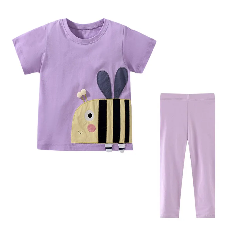Jumping Meters Bee Embroidery Girls Tshirts + Leggings Children's Clothing Sets For Summer 2 Pcs Suit Kids Outfits Sets Outfit