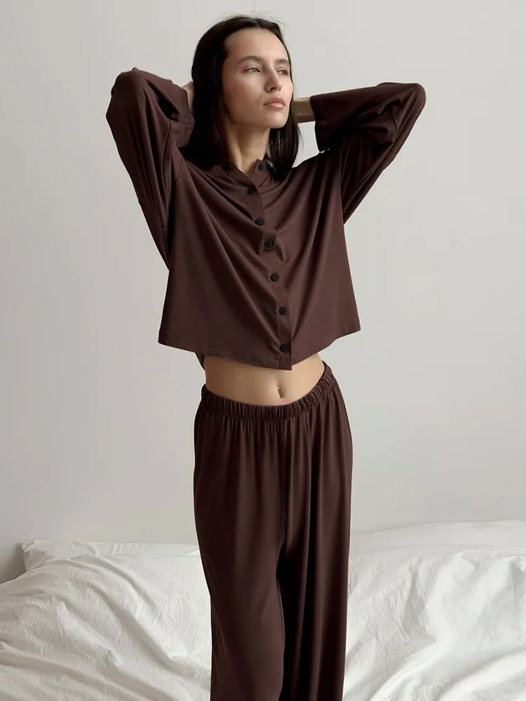 HiLoc Vintage Brown Knitwear Pajamas Sets Pants For Women Long Sleeves Shirts With Pants Two Pieces Outfits Sleepwear Pant Suits