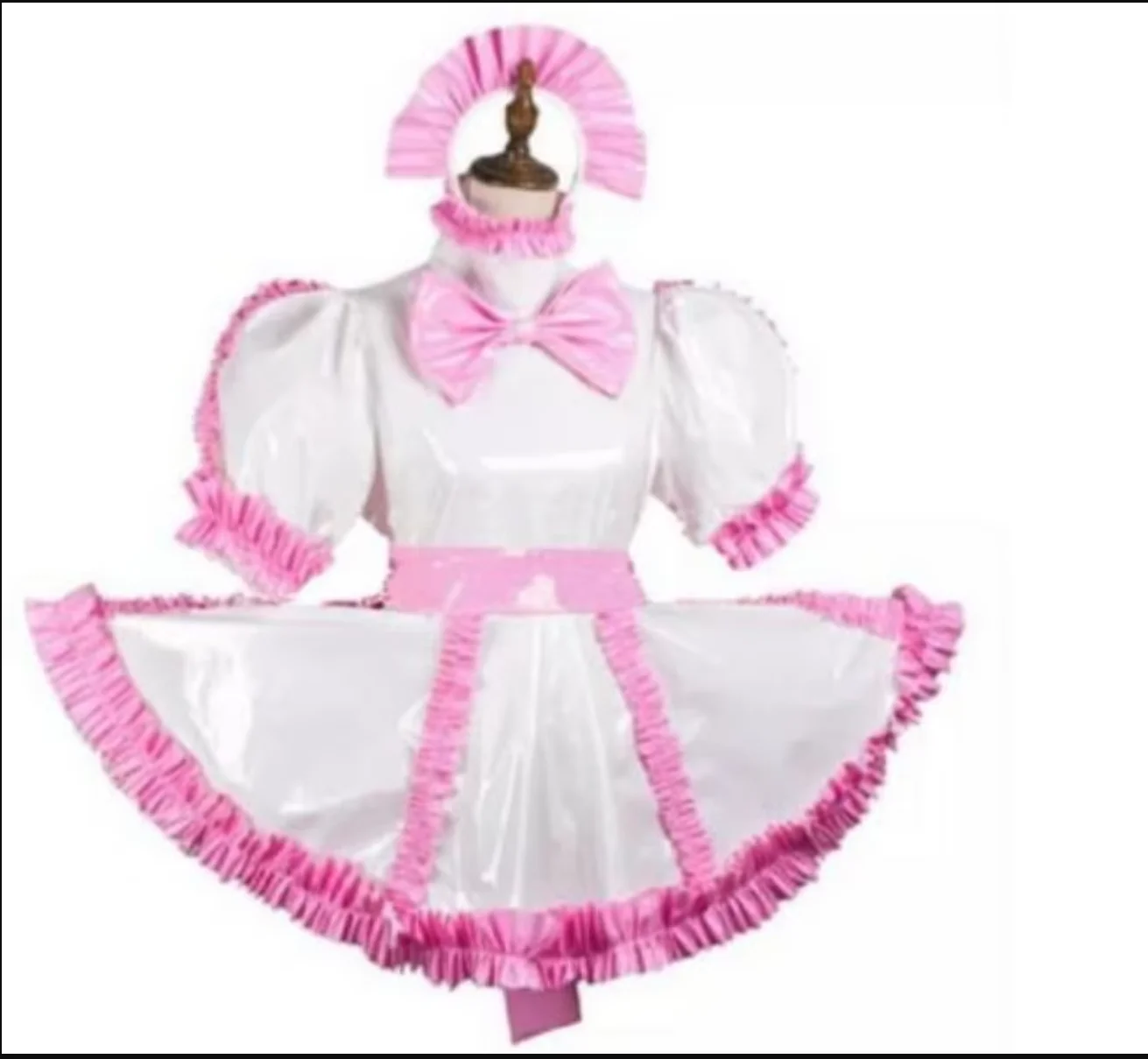 

New Sissy Girl Maid PVC Lockable Dress Independent Apron Cosplay Pink White Patchwork Shoulder Fluffy Clothing CD/ TV Customiza