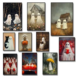 Dark Academia Two Ghosts in A Field Canvas Painting Print Spooky Cottagecore Gothic Art Poster Halloween Home Decor Unframed