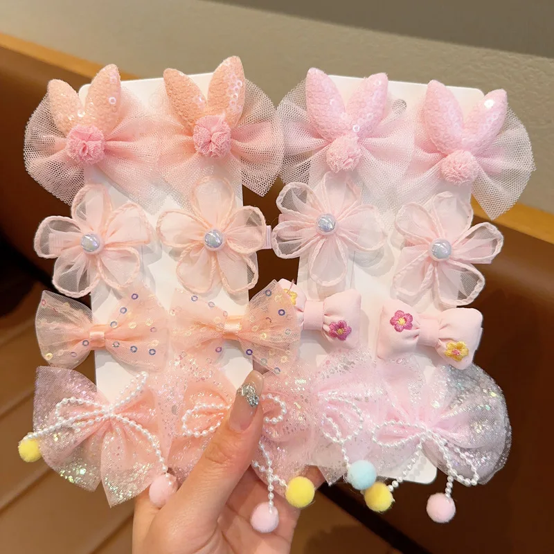 8Pcs/Set Korean Flower Children\'s Hairpin Princess Little Girl Mesh Bow Broken Hair Clips Sweet Cute Kids Barrettes Headdress