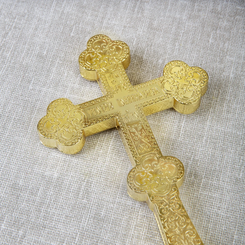 Gold Silver Copper Tone Orthodox Handheld Blessing Cross Embossed Saints Holy Spirit Crucifix Church Priest Liturgical Decor Gif
