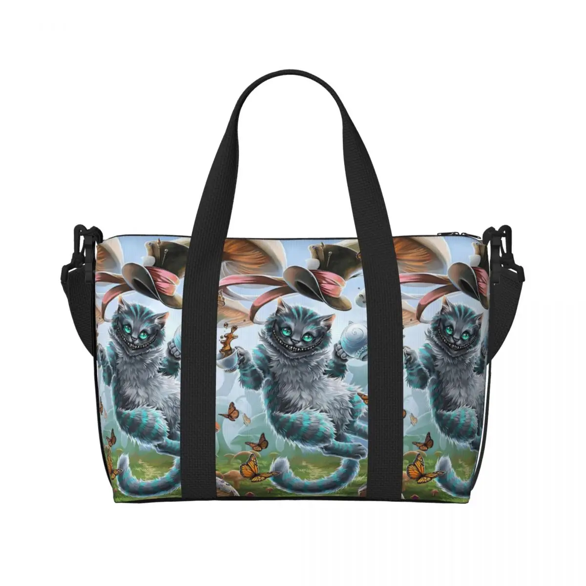 

Пляжная большая сумка с чеширским котом на заказ для женщин, пляжные дорожные сумки с большим отделением в стиле кошки и манги для спортзала