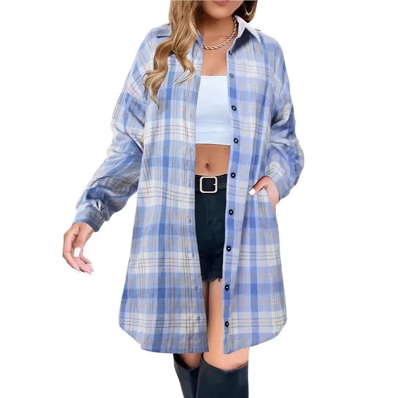 

CYL-Women's Button Down Flannel Shirts Plaid Shacket Long Sleeve Collared Long Jacket Coats