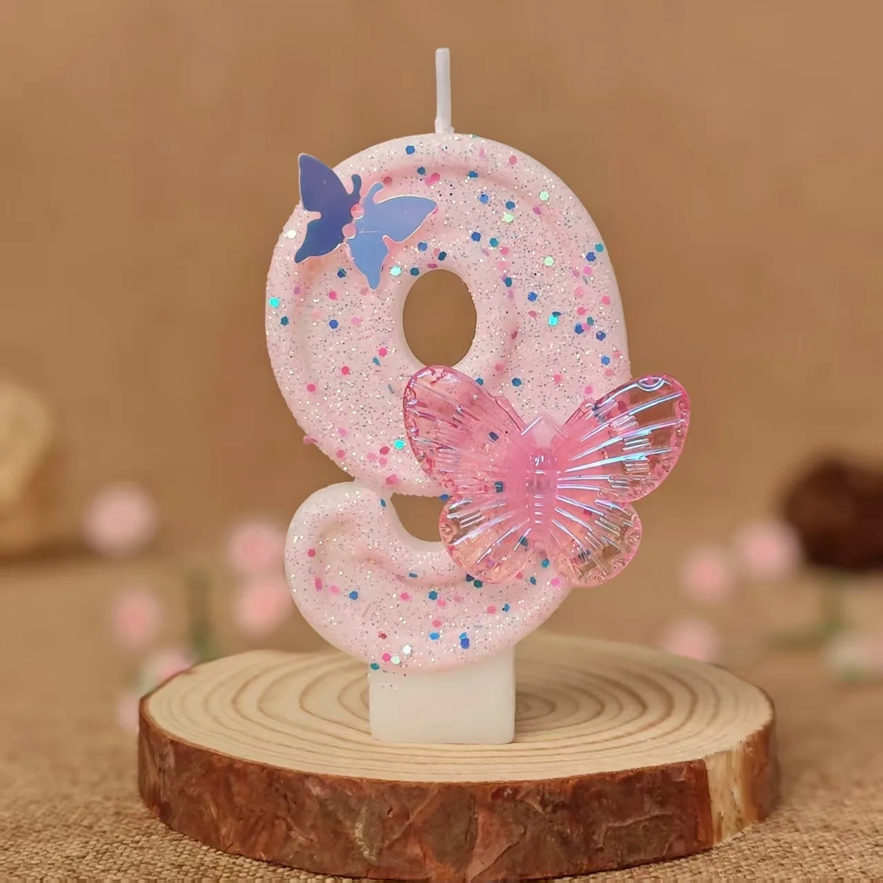 3D-Schmetterlings-Zahlenkerzen 0-9, glänzende, pinkfarbene Glitzerkerzen für Geburtstagskuchen, Kuchendekoration, Partyzubehör – Detail 13