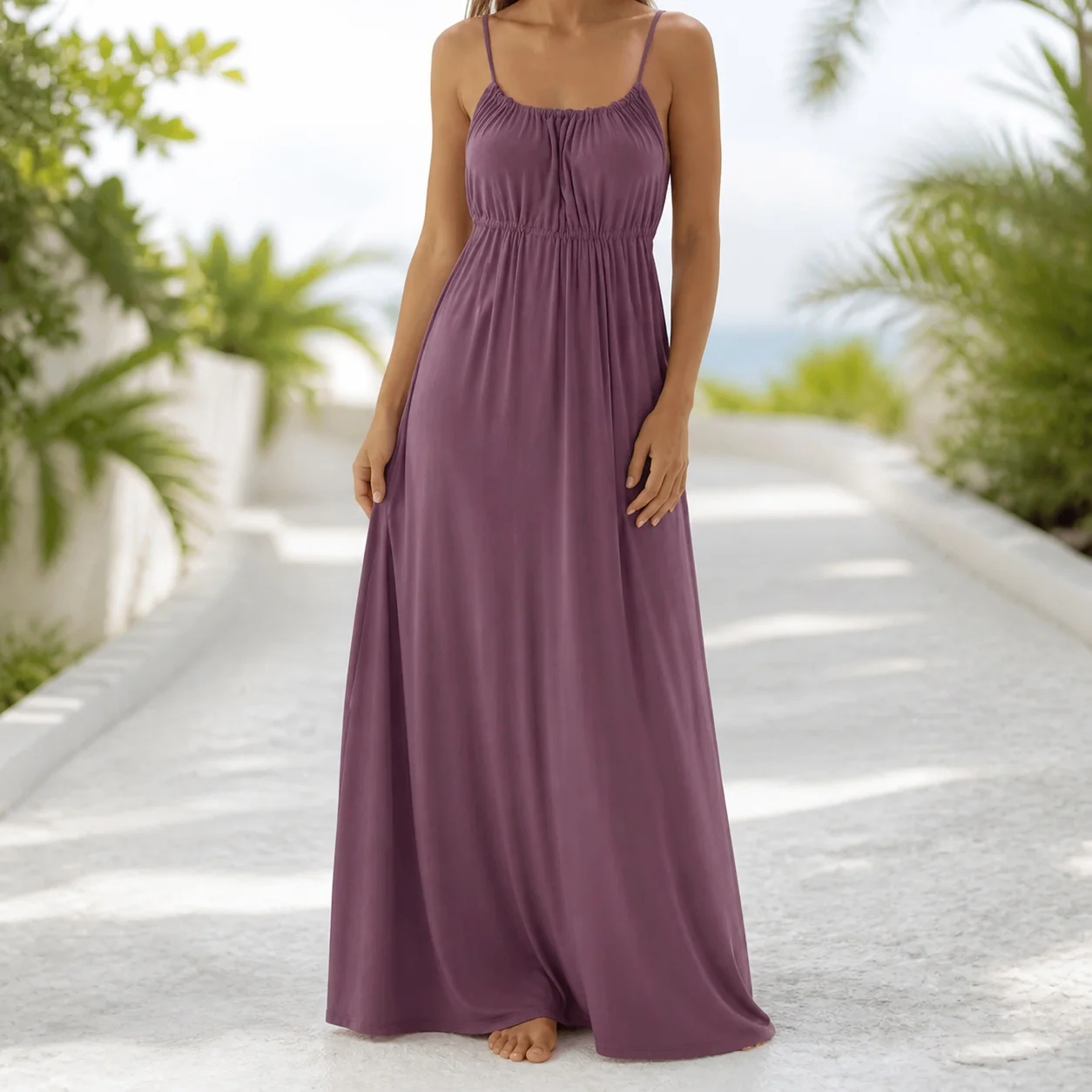 Women's Summer Casual Sleeveless Loose Fit Strap Neck Long Dress Solid Color Elastic Waist Beach Vacation Streetwear For Women
