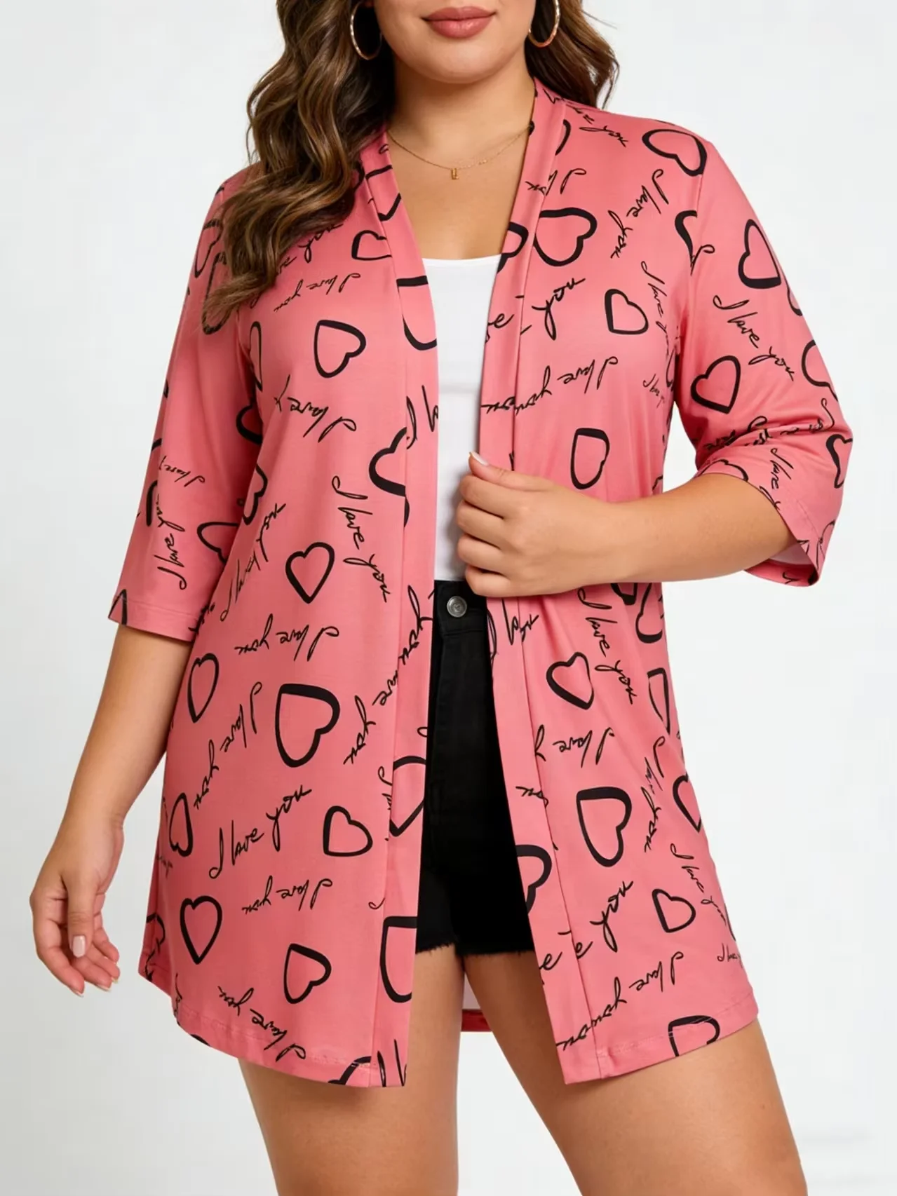 

plus Size Heart-Shaped Letter Print Shirt Cardigan Coat for Women Spring Autumn Fashion Casual Outerwear