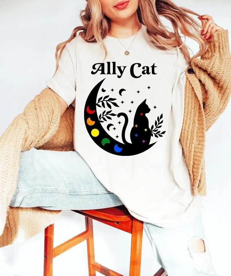 Ally caT T Shirt pride funny lgbtq whimsigoth moon phase flag gay witch lesbian