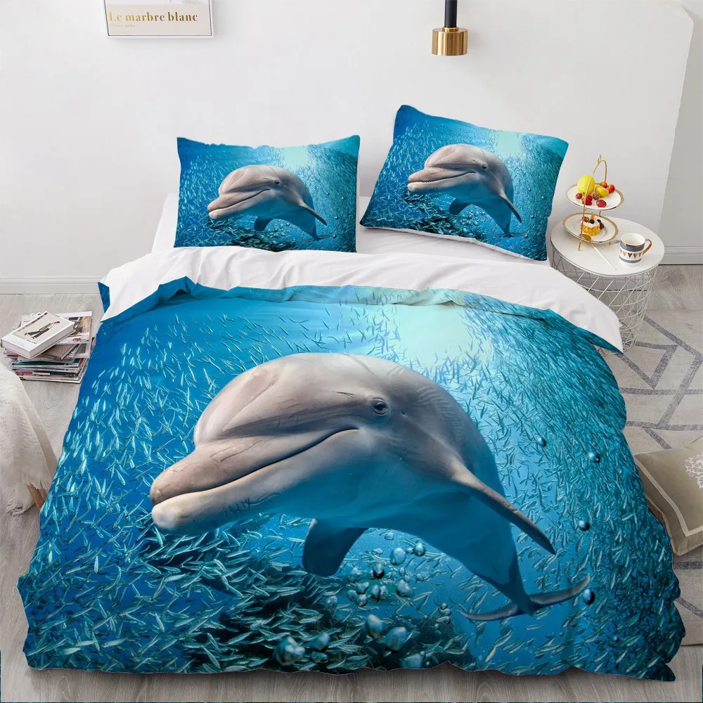 

Dolphin Ocean King Queen Duvet Cover Cute 3D Sea Animal Bedding Set For Kids Teens Adults Shoal Of Fish Blue 2/3pcs Quilt Cover