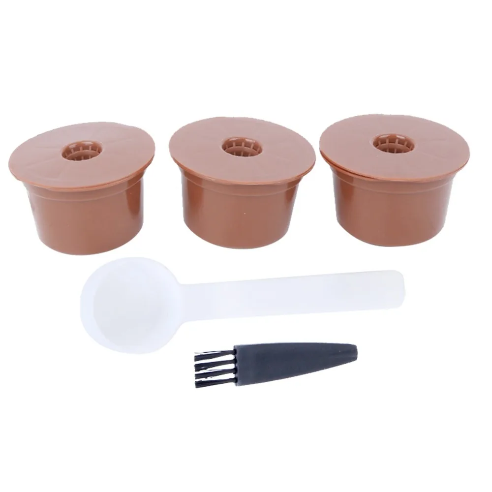 3pcs Plastic Refillable Coffee Capsules Brown With Cleaning Brush Coffee Filter Cup With Spoon Coffee Capsule Kit for Caffitaly