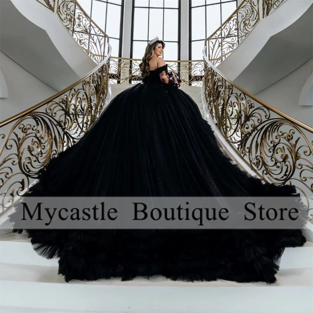 

Mexico Black Tulle Lace Appliques Quinceanera Dress Ball Gown 2025 Bead Tassels Birthday Party Dress Sweet 16 Dress Customized