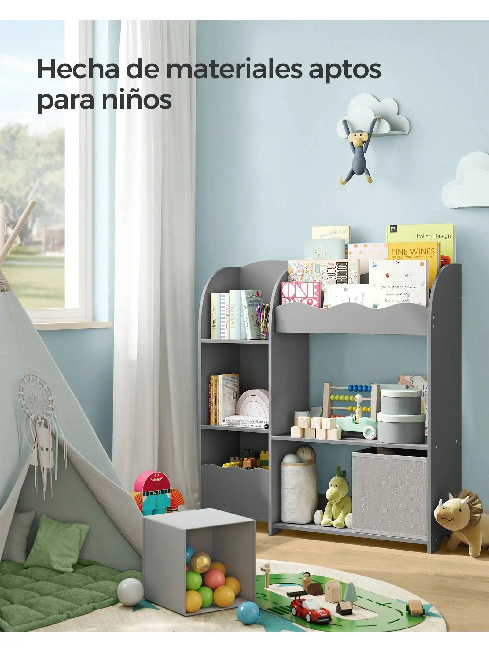 SONGMICS Toy Shelf, Kids Bookcase, Bedroom Cabinet with 2 Toy Bins, Playroom, Living Room, Dove Gray