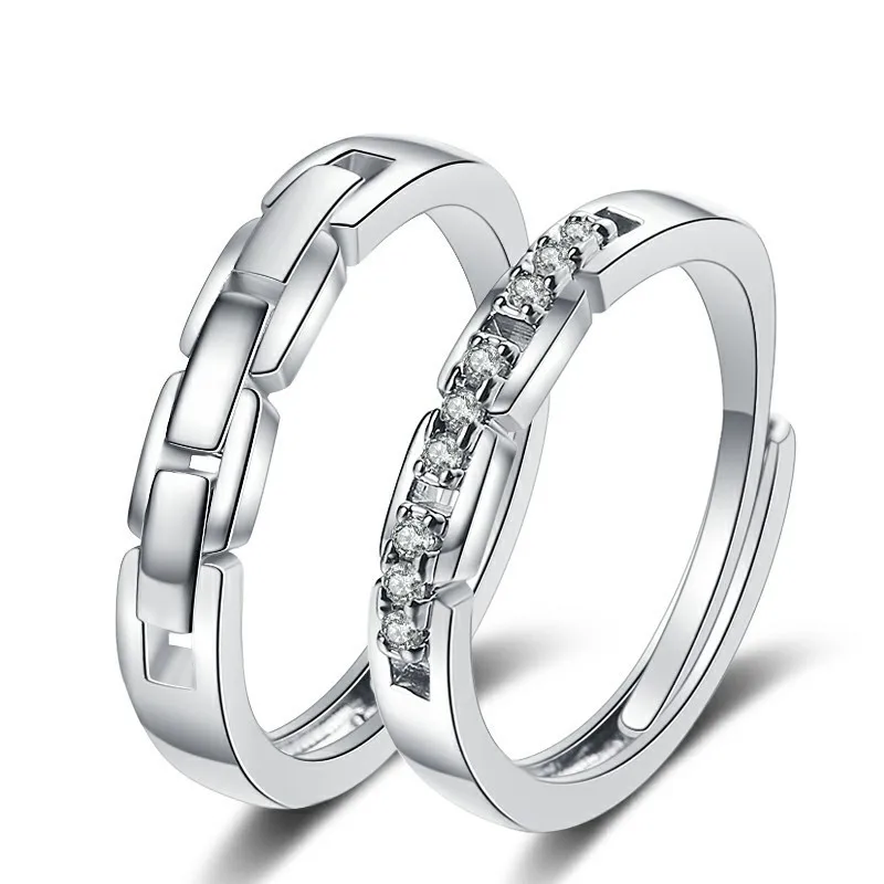2Pcs New Fashion Chain Lovers' Rings For Men Women Simple Shiny Crystal Open Ring Couple Rings Jewelry Valentine's Day Present