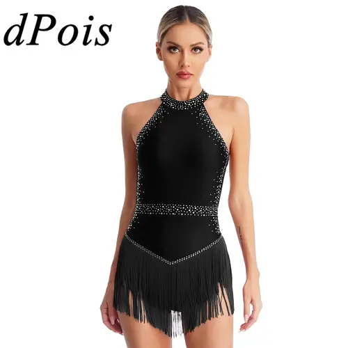 Imagen 1 del producto Vestidos de leotardo de baile latino con flecos y borlas para mujer, traje de baile de salón Cha-cha con diamantes de imitación, vestido de cóctel para competición de baile