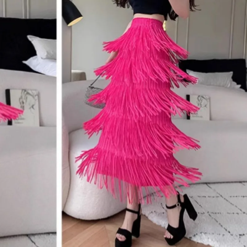 

Spring Summer Fashion Tassel Skirt Women Long Skirt Fashion Female Elastic Waist A Line Solid Color Slim Women Half Body Skirts