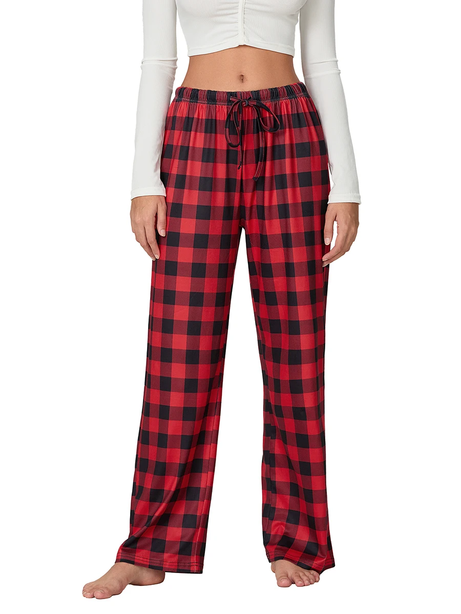 Women Red Plaid Pajama Bottoms with Pockets Drawstring Sleepwear Pants Loose Stretch Home Lounge Sleepwear Nightwear Trousers