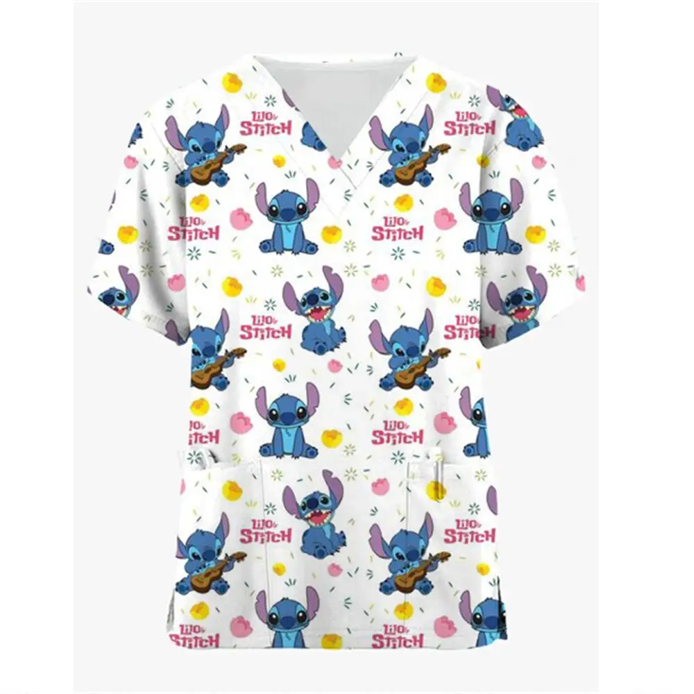 Nurse Uniform Women's Solid Color Disney Stitch Printed Top Uniform Short Sleeve Pocket Medical Female Nurse Uniform