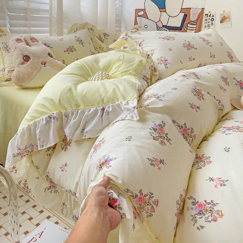 Korean Floral Bedding Set Ins Princess Romantic Duvet Cover Flat Sheet Set Skin-Friendly Washed Cotton Women Girls Bed Linen Set