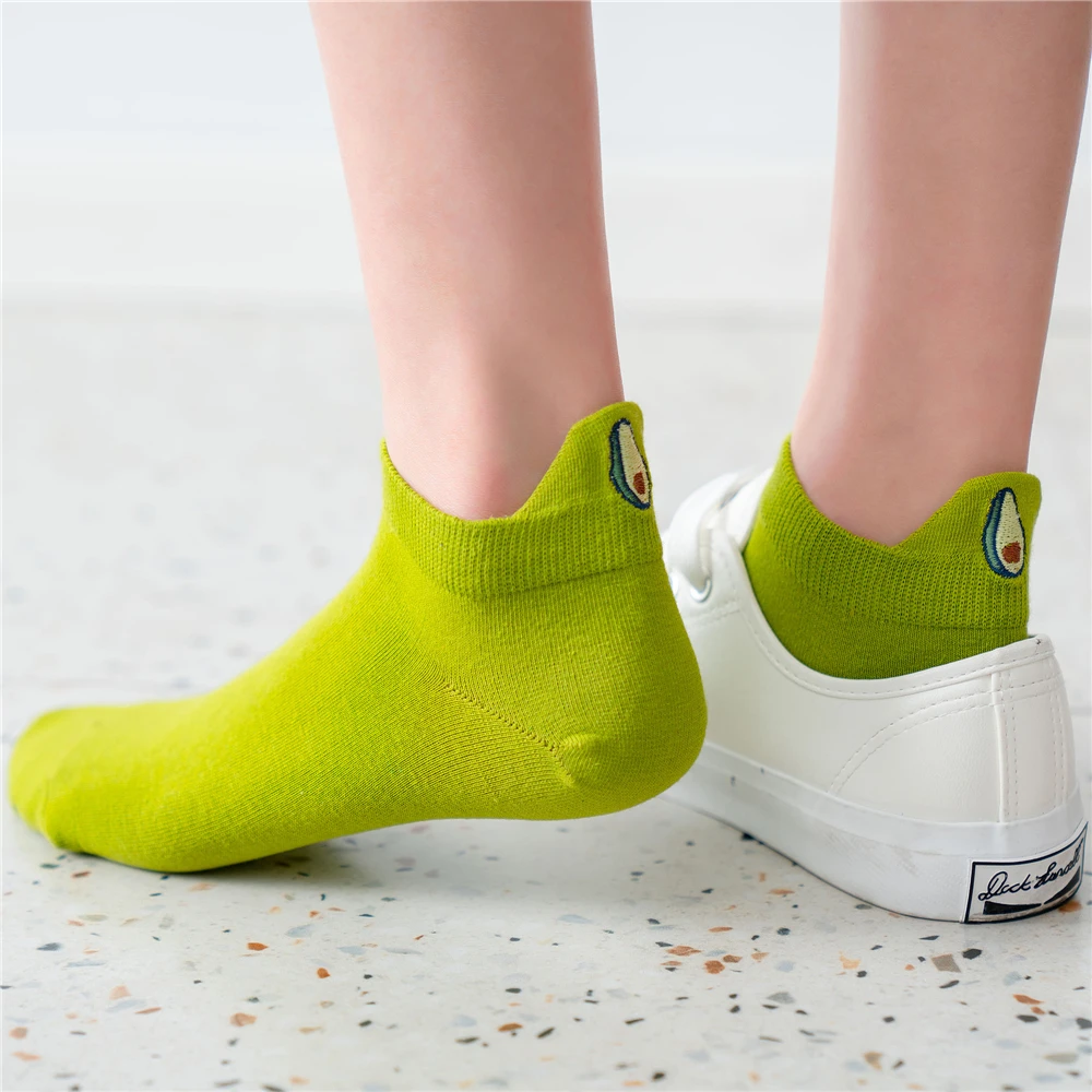 New Fashion Summer Autumn Avocado Embroidery Green Women's Ankle Socks Breathable Comfort Cotton INS Style Sokken Dropship