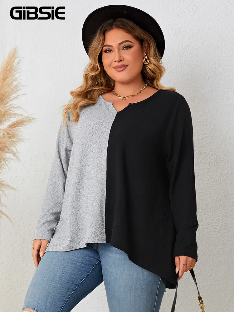 GIBSIE Plus Size Notch o-collo Colorblock Patchwork t-shirt donna 2023 autunno Casual allentato manica lunga orlo asimmetrico Tee Tops