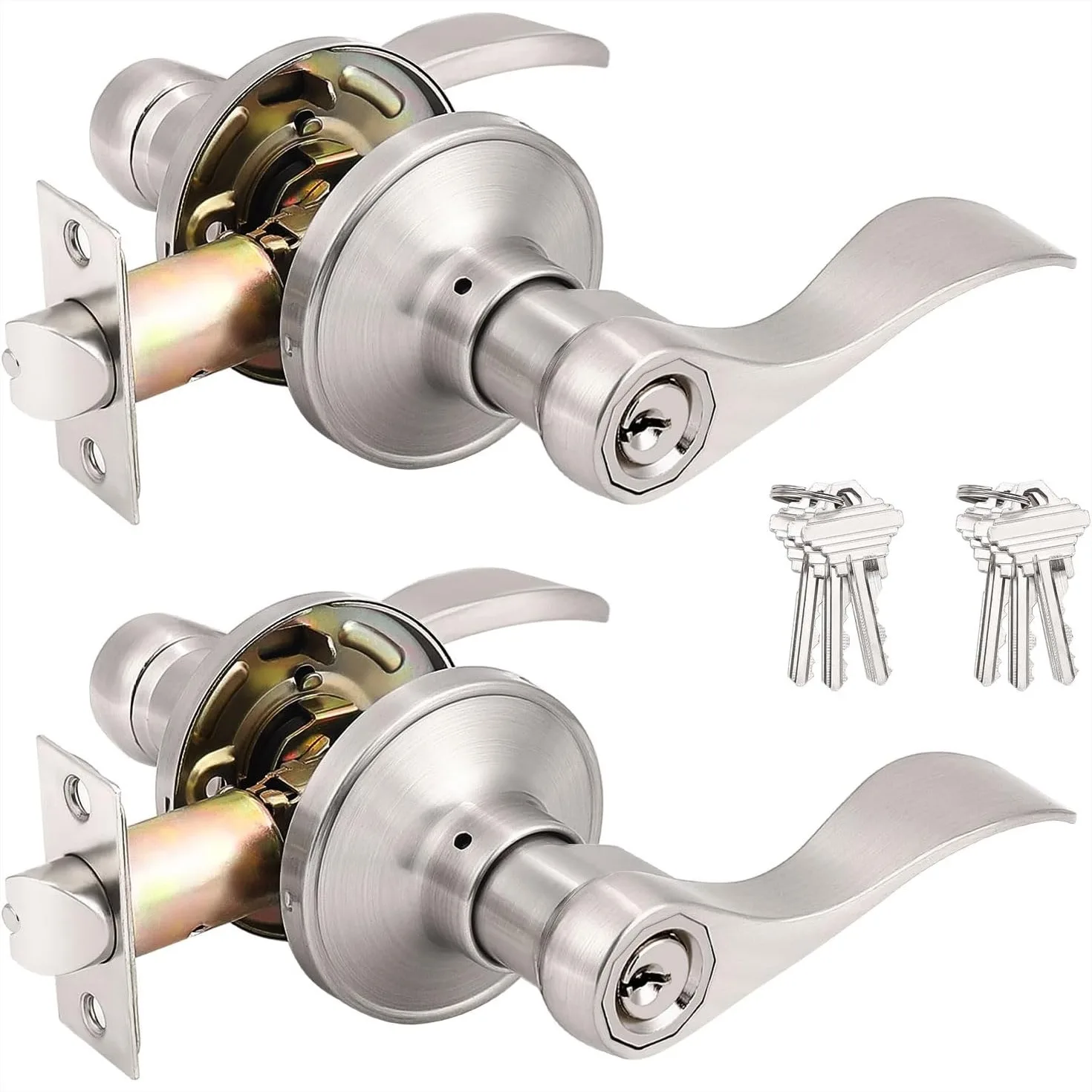 

2 Pack Keyed Entry Door Levers with Lock, Satin Nickel, Reversible for Left or Right Handed Doors, Same Keys