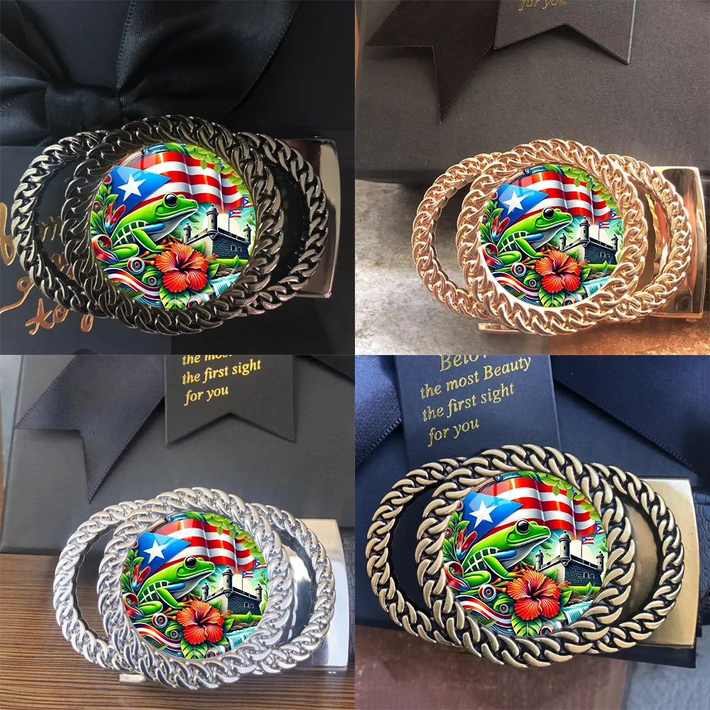 Hebilla de cinturón de trinquete automático con bandera de rana y puertorriqueña, accesorio de cintura personalizado a la moda, el mejor regalo para amigos