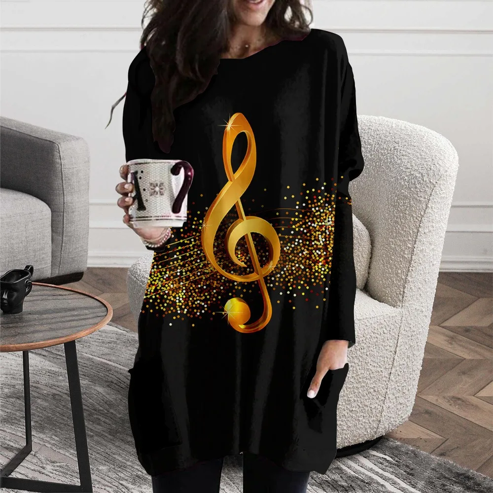 

Casual Dress Fashion Women O Neck Loose Music Note Print Dress Streetwear Oversized Clothing Holiday Harajuku Vestidos Elegant