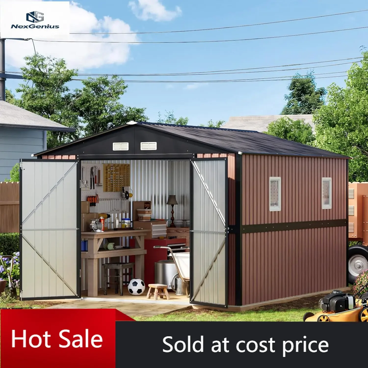 

10X12 FT Outdoor Metal Storage Shed with Lockable Doors & 2 Windows, Storage Shed Large for Patio Storage, Garbage Can, Chicken