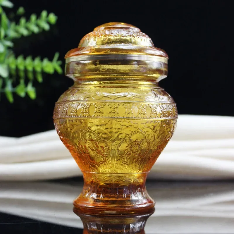 Glass vase eight auspicious ancient methods of glass table decorations in front of the Buddha enshrines the Yellow God of