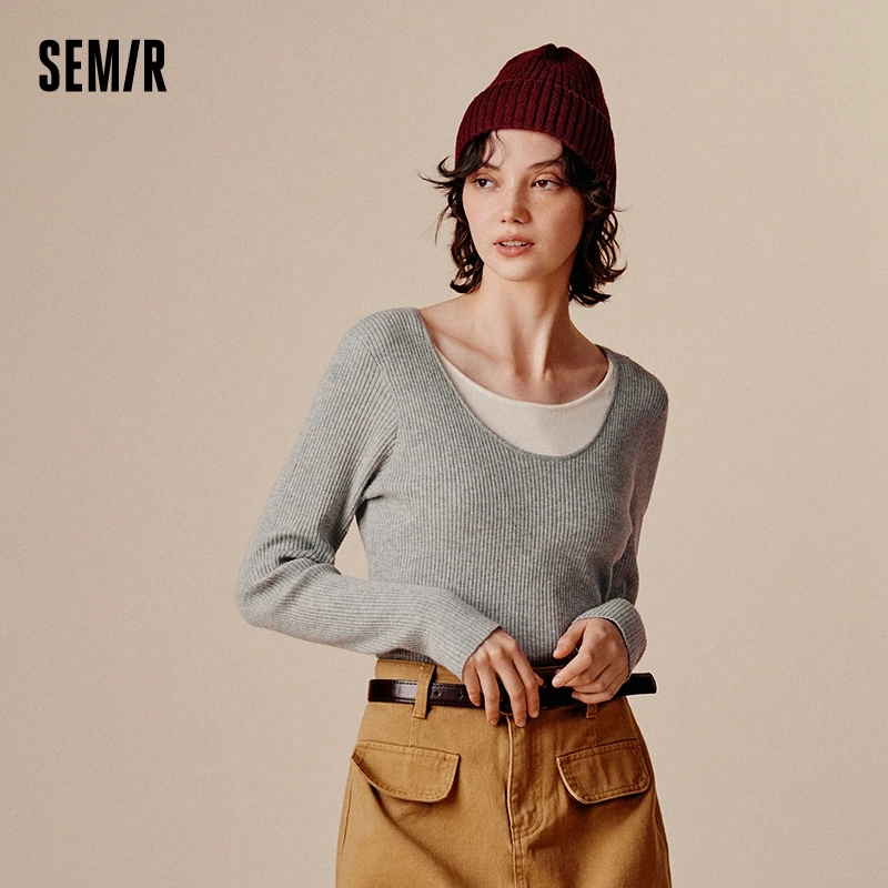 

Semir Sweater Women Color-Block Faux Two-Piece Sweater Slim Fit Versatile 2024 New Autumn Round Neck Pullover Slimming Effect