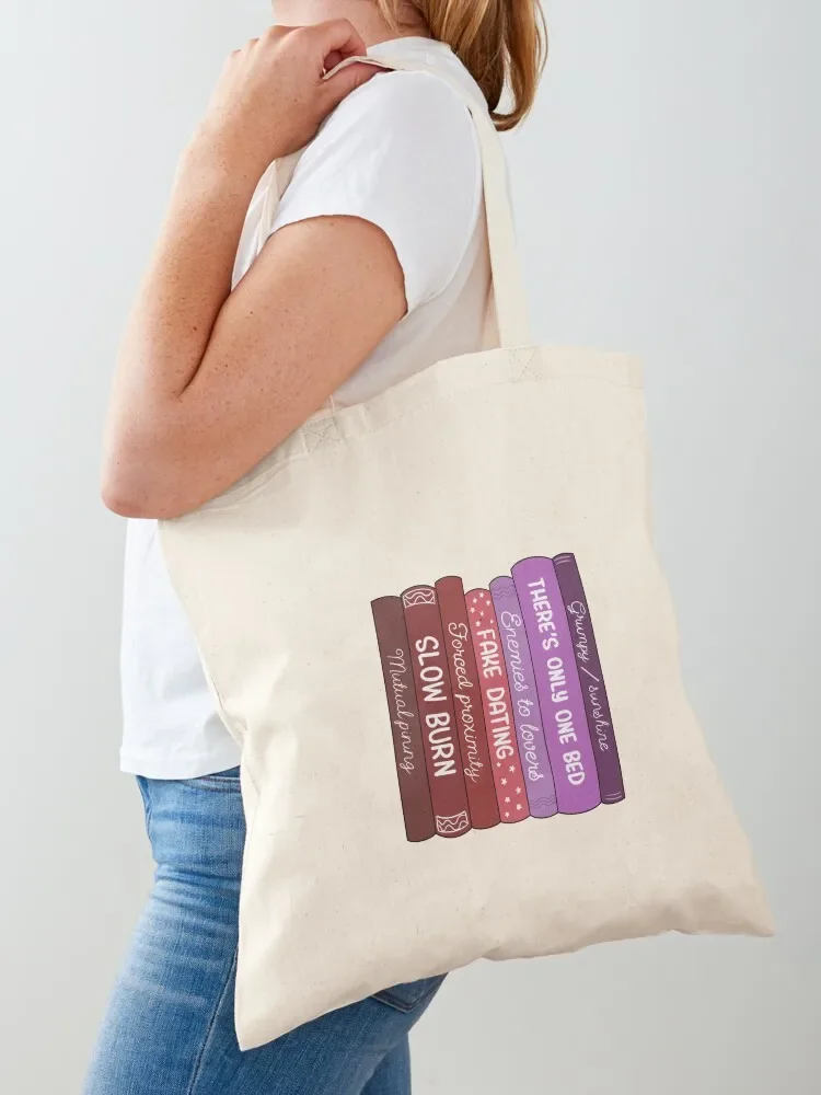 Romance book tropes bookshelf stack Tote Bag supermarket folding bag canvas shopping bag