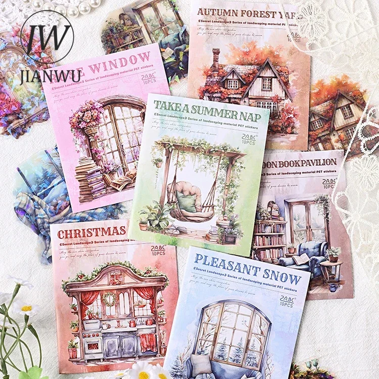 JIANWU Secret Landscape Series Vintage Border Building Material Collage PET Sticker Creative DIY Journal Stationery