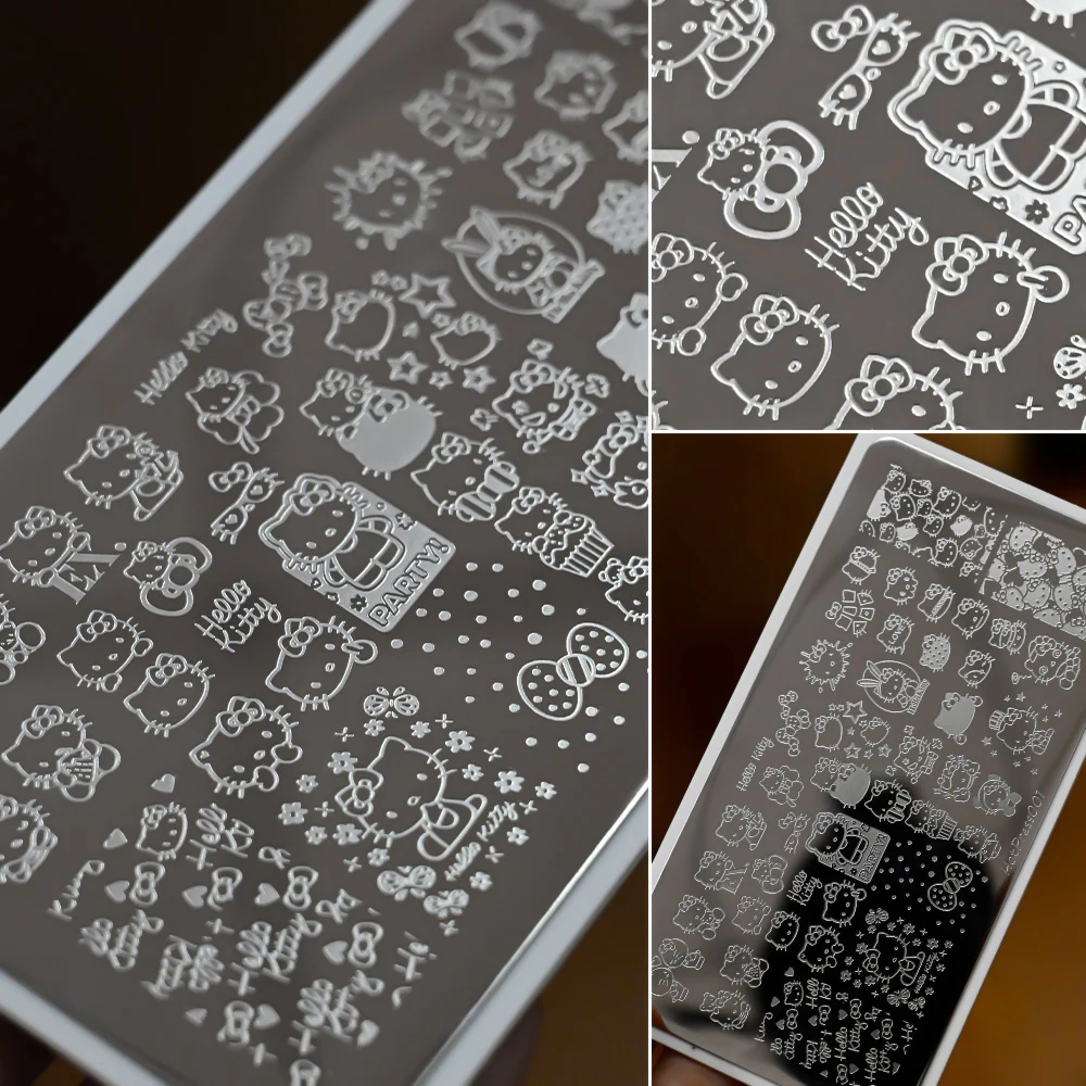 1pc Hello Kitty Cartoon Stempelplaat Nagelstickers Kawaii Kitty Hoofd Kuromi Anime Karakter Ontwerp Nagel Stalen Sjablonen Decals