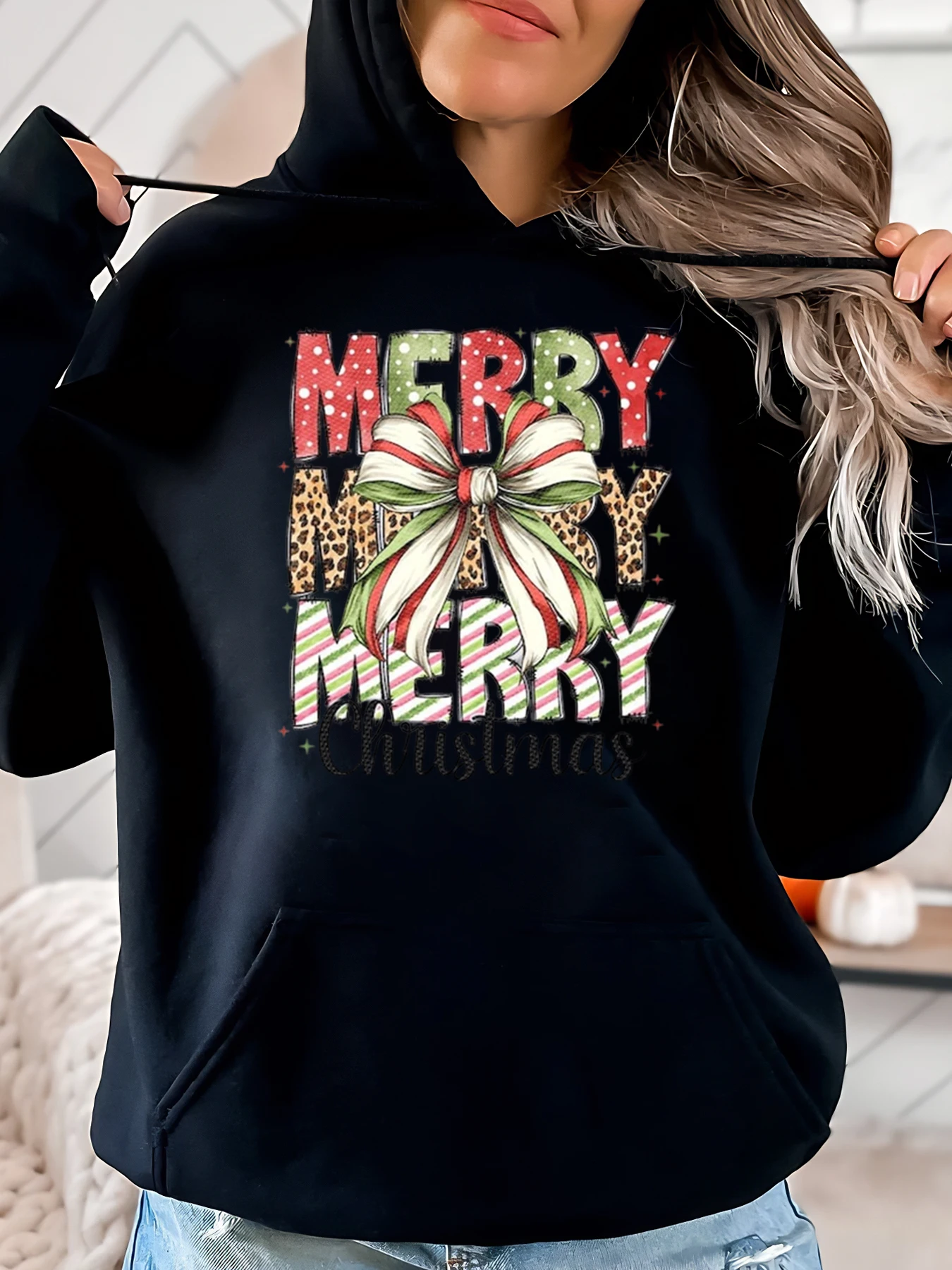Merry Merry Merry Christmas Print Hoodie Damen Urlaub Freizeitkleidung Schwarz Plus-Size