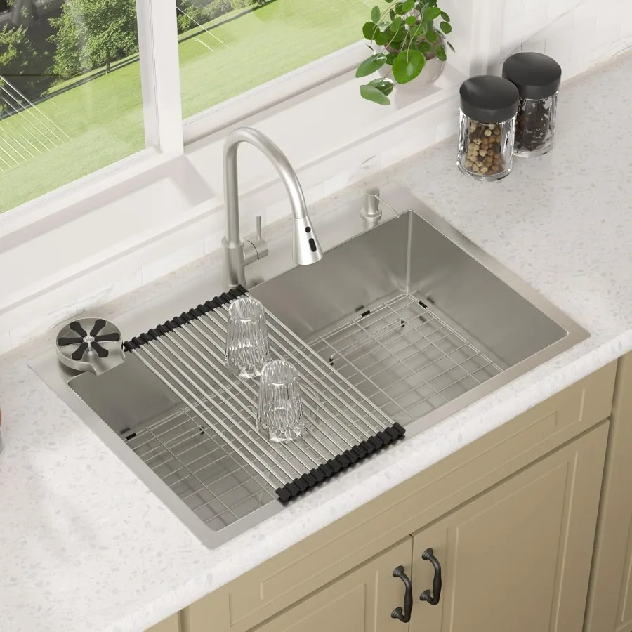 حوض مطبخ مقاس 33 بوصة مع مجموعة صنبور - حوض فردي متين من الفولاذ المقاوم للصدأ مقاس 16 للمطابخ الحديثة يتضمن #1