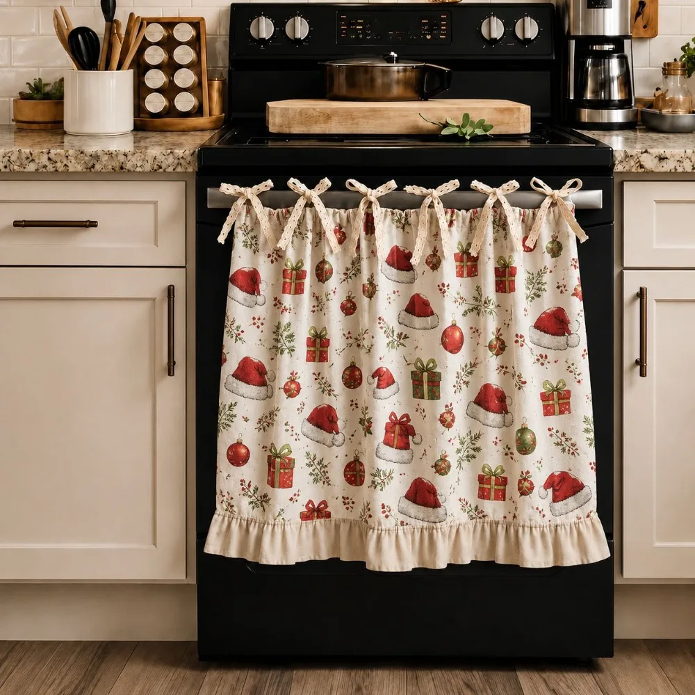 Xmas Tree Snowflake Printed Christmas Oven Short Curtain Decorative American Countryside Style Farmhouse Oven Skirt Ruffled Edge