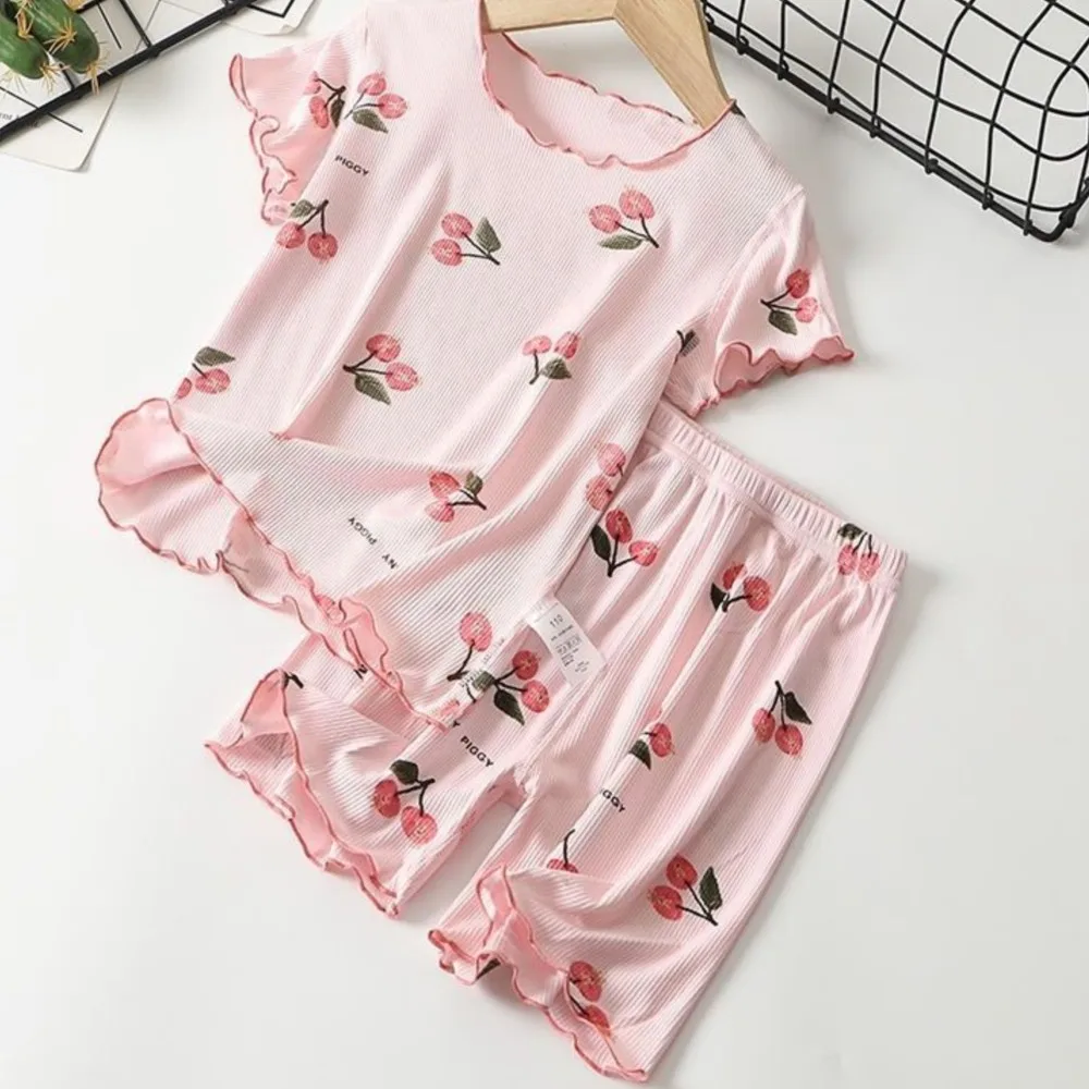 

2pcs Summer Girls' Air Conditioner Clothes Ice Silk Sweet Cartoon Print Children's Thin Home Cloth Suit Baby Sleepwear Top Pants