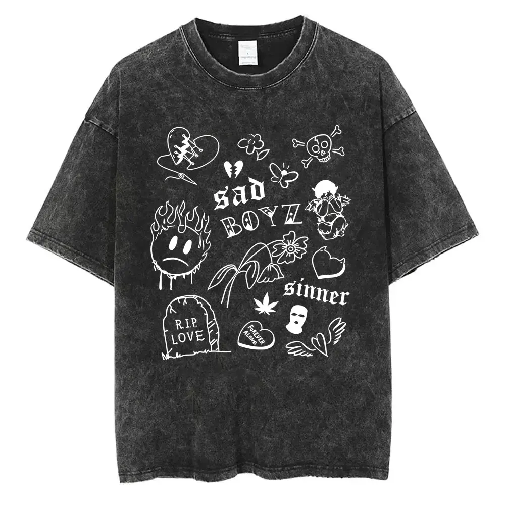 

Washed Vintage Junior H Sad Boyz No Love 2024 Tour T Shirt Men Women Hip Hop Aesthetic T Shirts Men's Fashion Oversized T-shirt