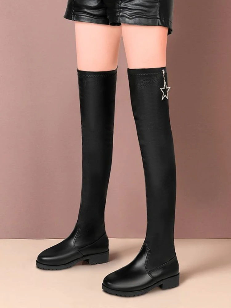 

Stretchy Plus Size Women's Size 42 Mid Heel Over The Knee Boots Patchwork Star Tassel Slender Internet Famous Versatile