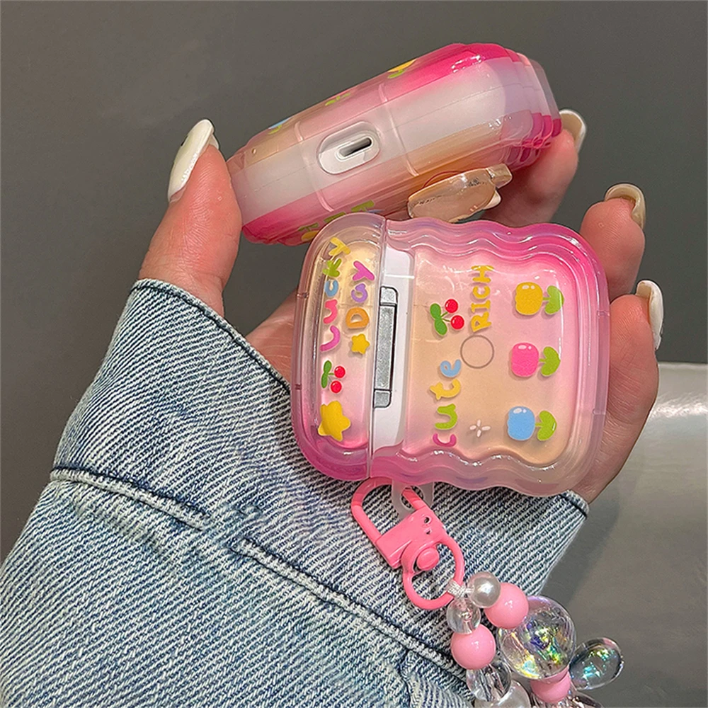 Korean Cute 3D Rabbit Bear Wavy Border Headphones Case For AirPods 1 2 3 With Flower Beads Pendant Soft Cover For AirPods Pro 2