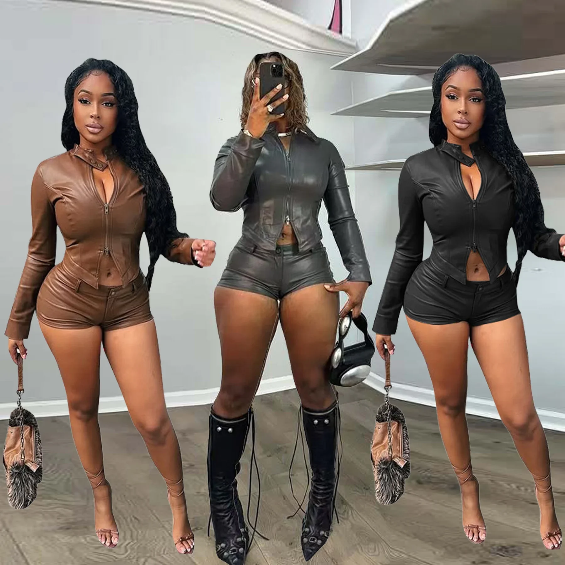 

Укороченная кожаная куртка Сексуальный комплект брюк из 2 предметов Женская уличная одежда Y2K Сексуальная клубная одежда Укороченные пальто Комплект из двух предметов Шорты Брюки