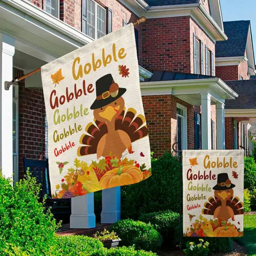 Gobble Gobble Turkey Outdoor Indoor Happy Thanksgiving Flag Garden Flag