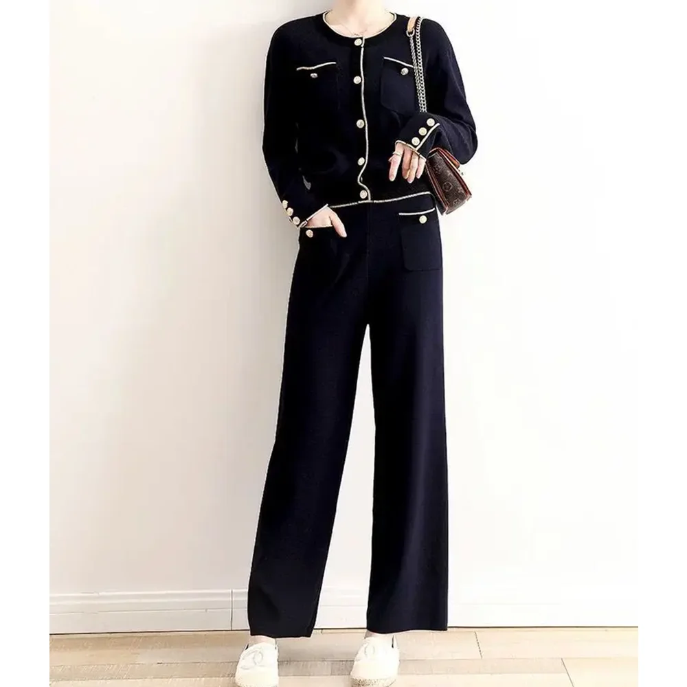 

Women's Graceful Navy Blue Sweater Coats Wide Leg Pants Two Piece Sets Lady Knitted Cardigan Trousers Suits New Knitwear Outfits